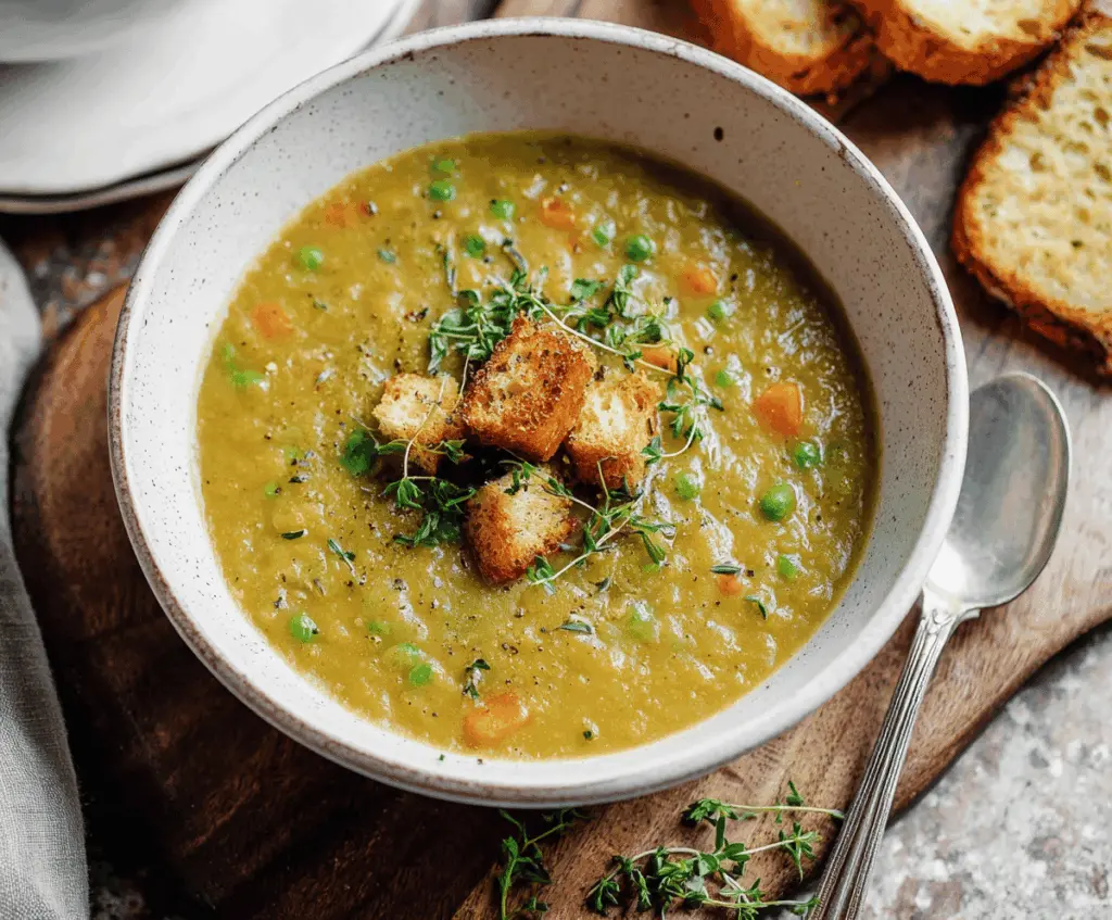 Creamy green split pea soup served in a bowl, garnished with fresh herbs and a slice of crusty bread on the side.