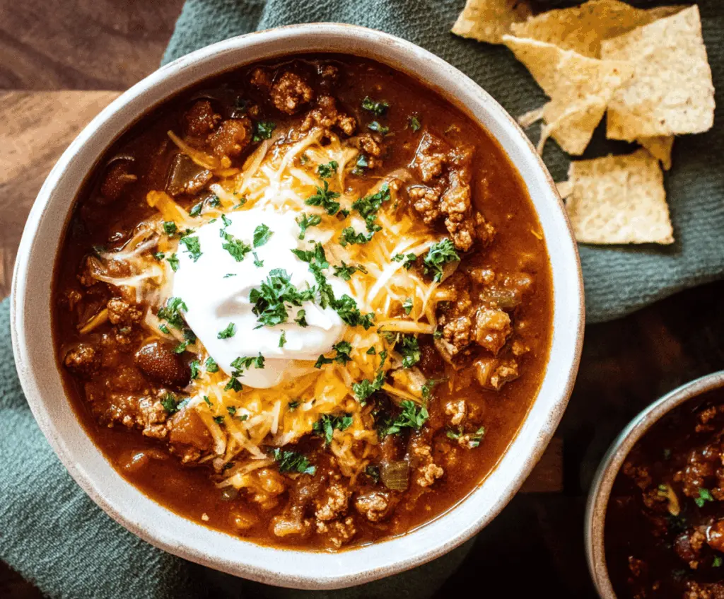 Hearty stovetop chili in a pot topped with shredded cheese and fresh cilantro, ready to serve