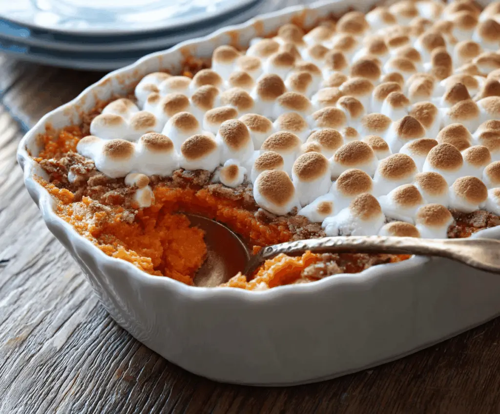 Delicious sweet potato casserole topped with marshmallows and pecans, served in a baking dish, perfect for holiday dinners.
