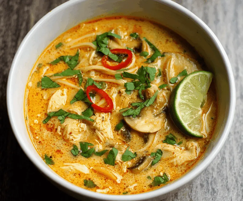 A steaming bowl of Thai Curry Chicken Soup featuring tender chicken, vibrant vegetables, aromatic Thai spices, and garnished with fresh herbs on a rustic wooden table.