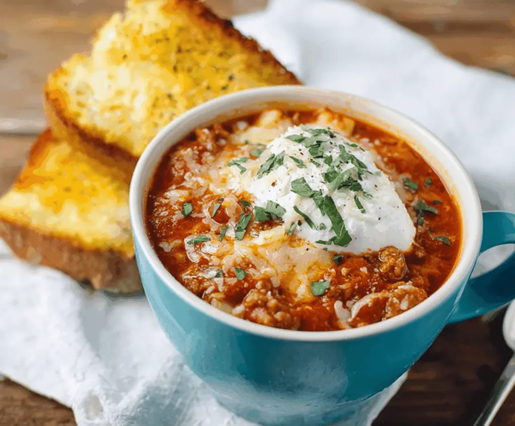 Creamy Three-Cheese Lasagna Soup topped with melted cheese, fresh basil, and a spoon ready to serve, showcasing a comforting Italian-inspired meal.