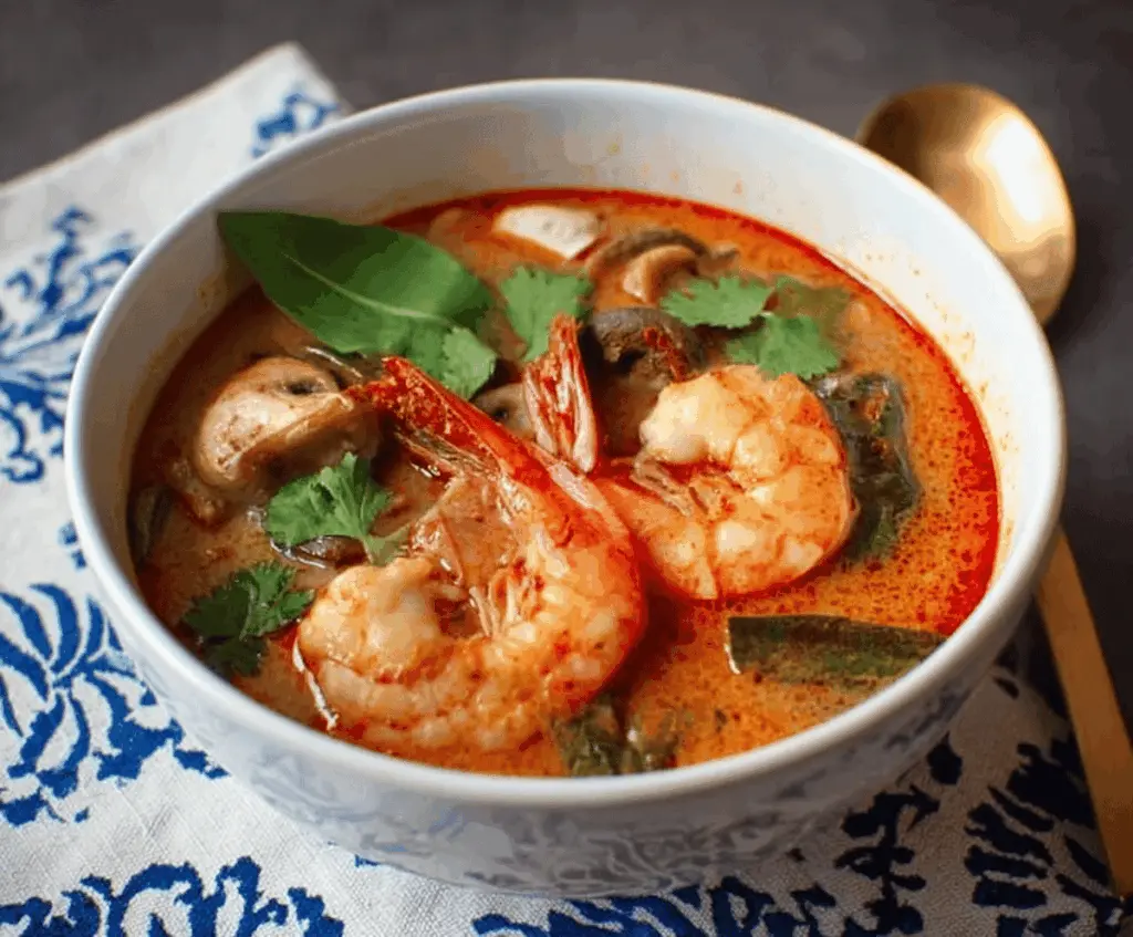 Spicy and flavorful Tom Yum Soup with shrimp, mushrooms, fresh herbs, and lime served in a bowl, showcasing traditional Thai cuisine