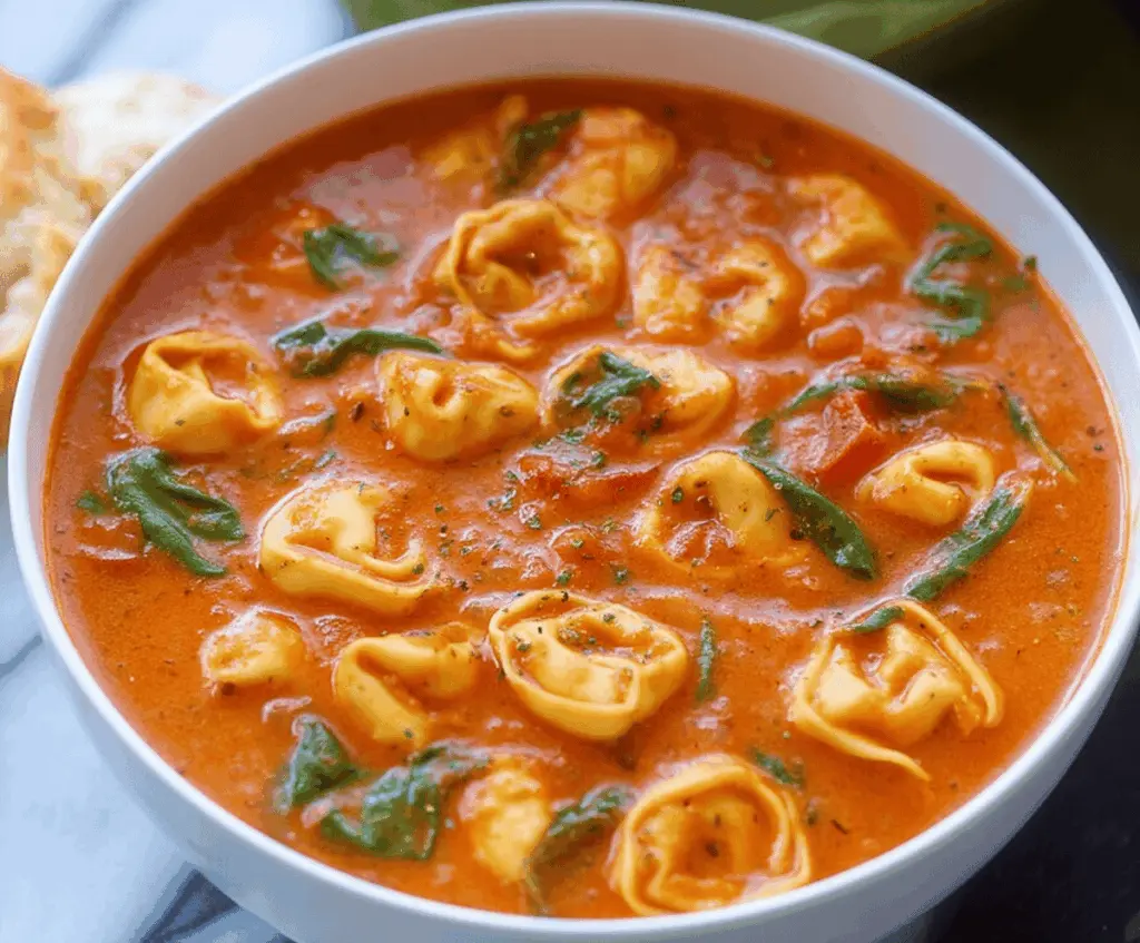 Creamy tomato tortellini soup in a bowl topped with fresh basil and grated Parmesan cheese, served with a spoon on a rustic wooden table.