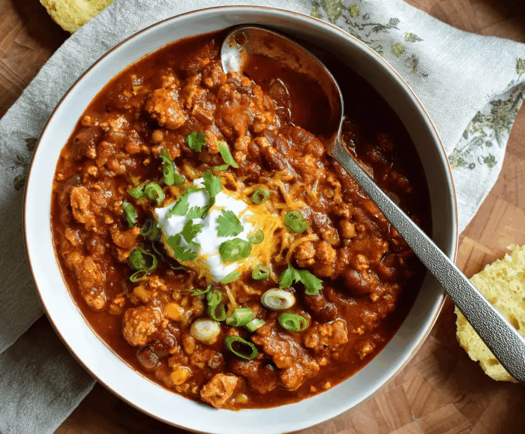 Hearty turkey chili with beans, tomatoes, and spices in a bowl, garnished with fresh herbs and served with a side of cornbread
