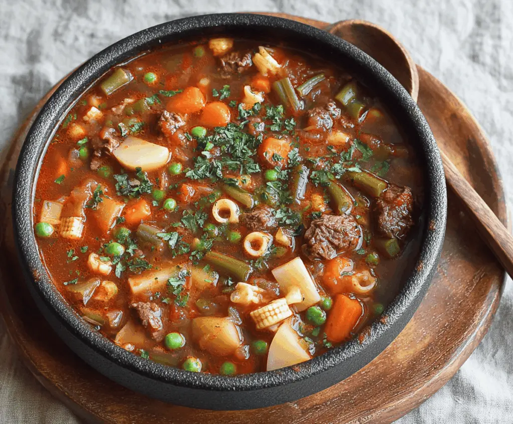 Hearty vegetable beef soup with tender beef chunks, fresh vegetables, and herbs in a rustic bowl.