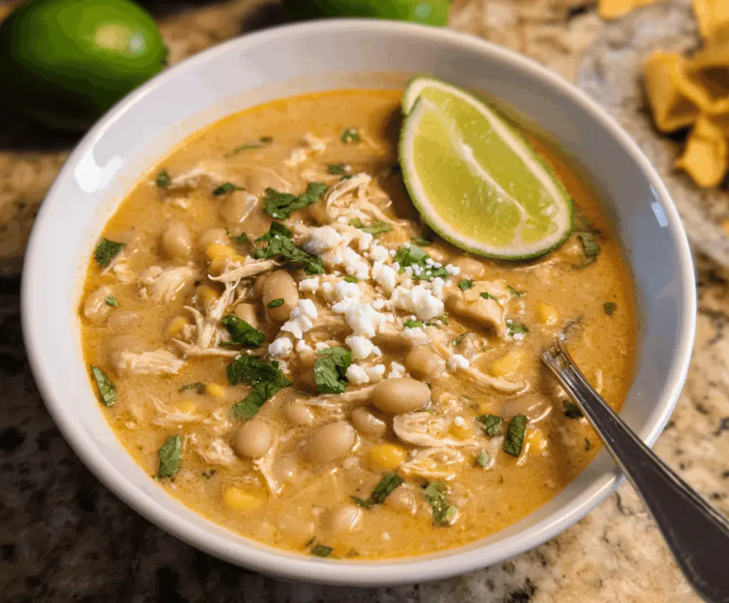 Creamy white chicken chili served in a bowl, topped with shredded cheese, fresh cilantro, and sliced jalapeños, garnished with lime wedges for a flavorful, comforting meal.