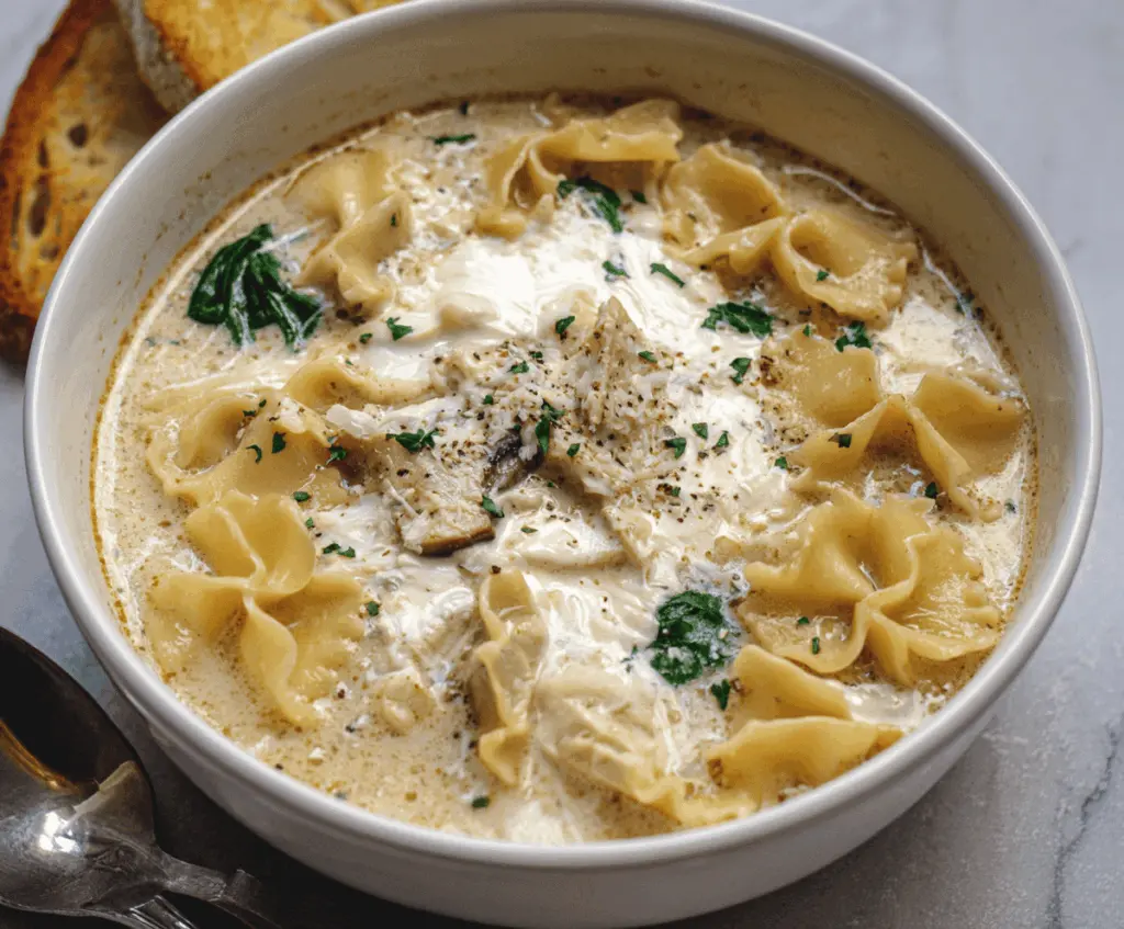 Creamy white lasagna soup garnished with fresh herbs in a bowl, showcasing layers of cheese, pasta, and flavorful broth