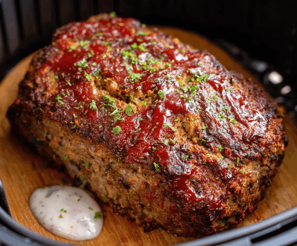 Delicious homemade air fryer meatloaf served on a plate with fresh vegetables, showcasing a juicy, flavorful, and easy-to-make recipe