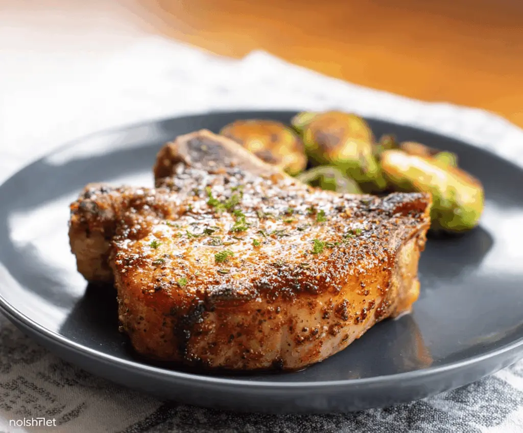 Juicy and crispy air fryer pork chops cooked to perfection on a white plate, served with fresh herbs and lemon wedges