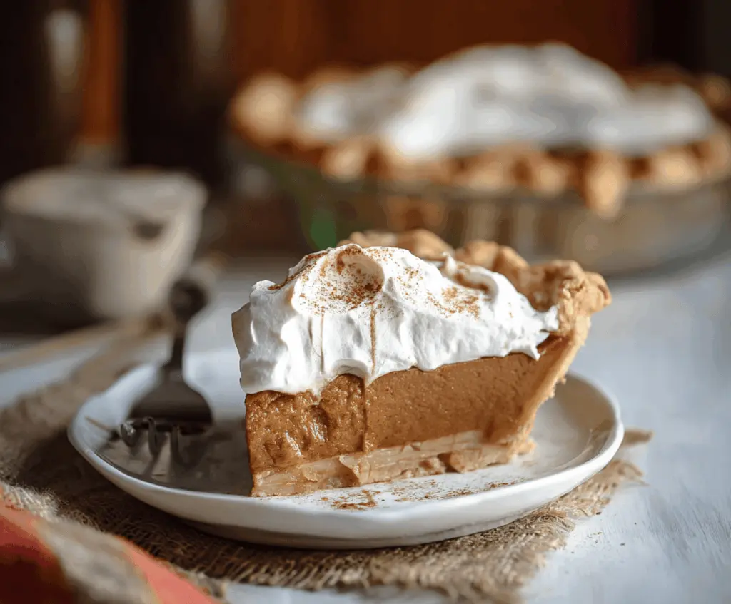 Delicious apple butter pie topped with cinnamon whipped cream on a rustic plate, perfect for fall dessert enjoyment