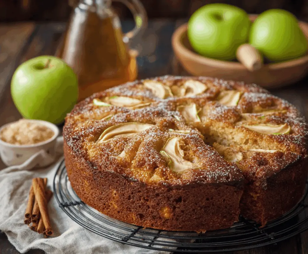 Delicious homemade apple cider cake topped with cinnamon glaze, sliced to reveal moist apple-filled interior perfect for fall desserts.