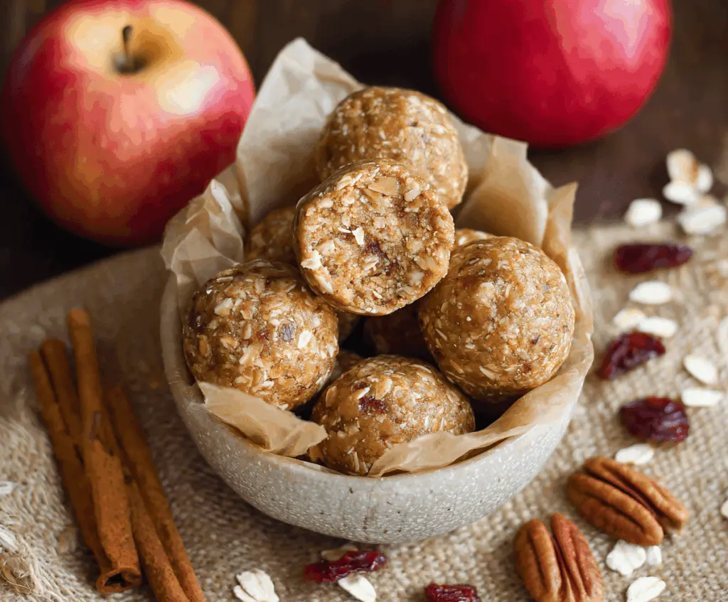 Healthy Apple Cinnamon Pumpkin Protein Balls on a white plate, featuring a festive autumn-inspired snack with pumpkin, apple, cinnamon, and protein ingredients.