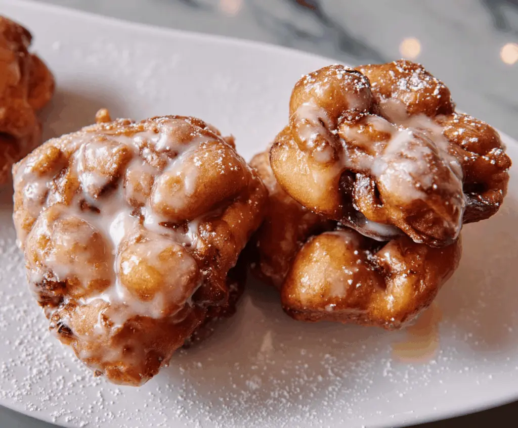 Golden, crispy apple fritters dusted with powdered sugar, served on a white plate with fresh apple slices for a delicious dessert or snack.