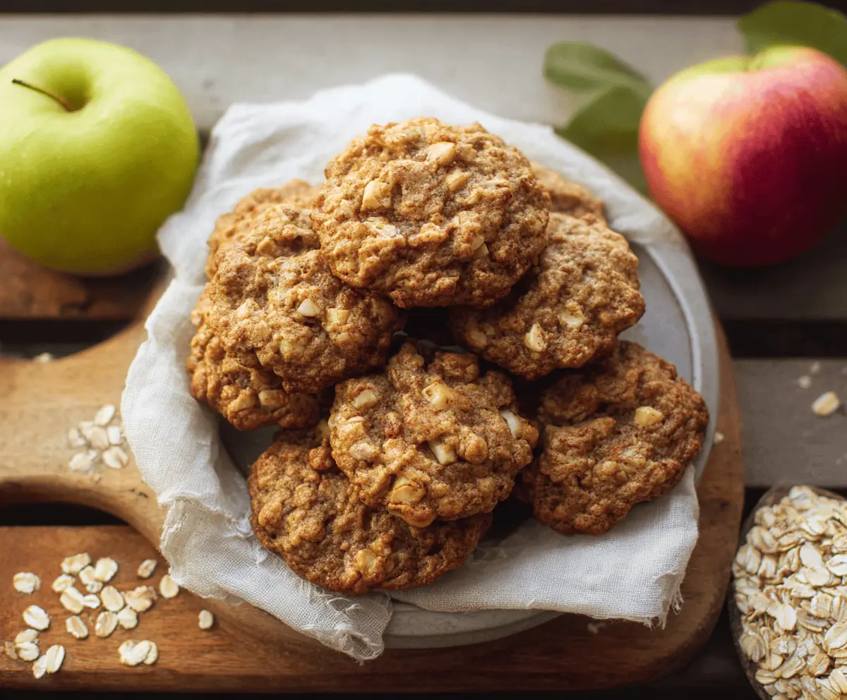 Homemade apple oatmeal cookies with fresh apple slices and oats on a rustic baking tray.
