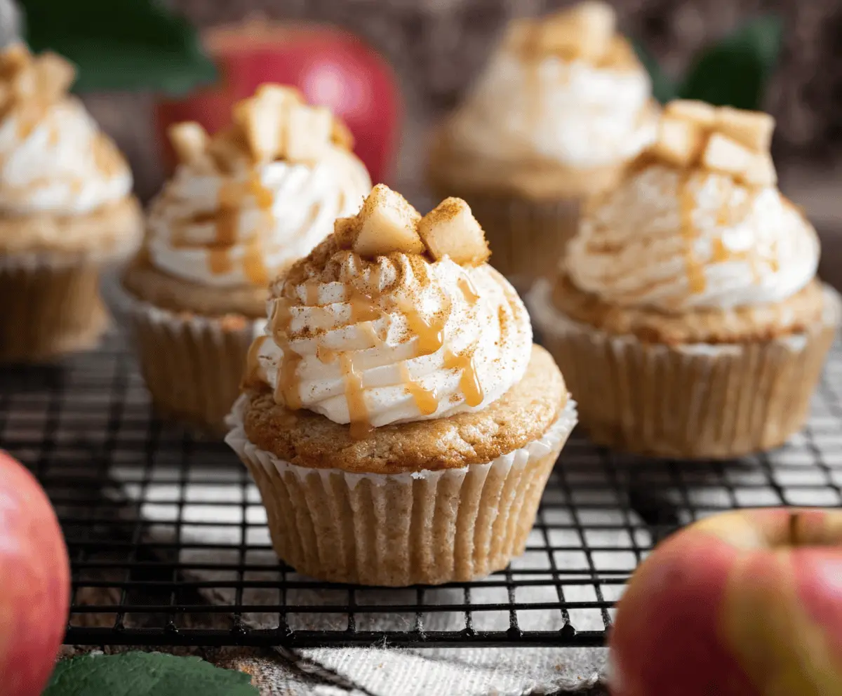 Delicious homemade apple pie cupcakes topped with cinnamon-spiced apple slices and flaky pastry crust, perfect for dessert or fall gatherings.