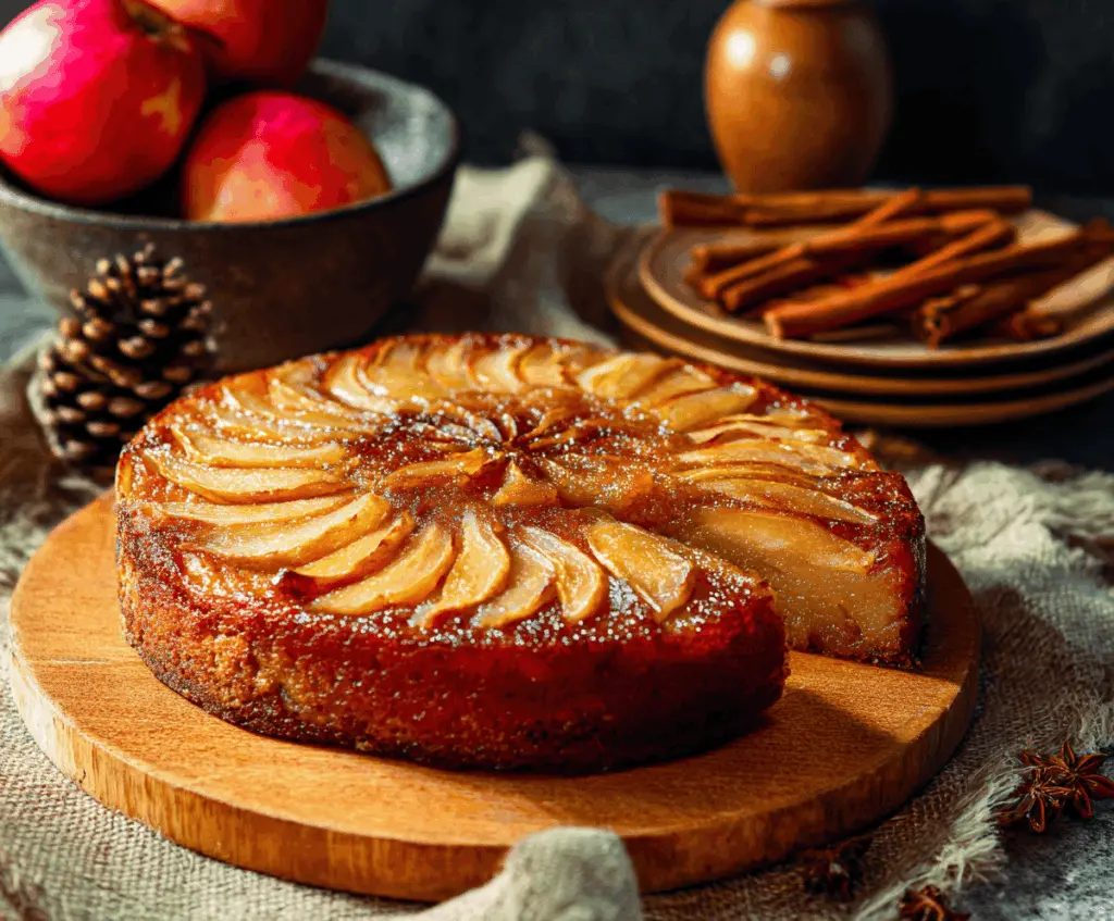 Delicious apple upside down cake topped with caramelized apple slices and a golden cake layer, perfect for dessert or special occasions.