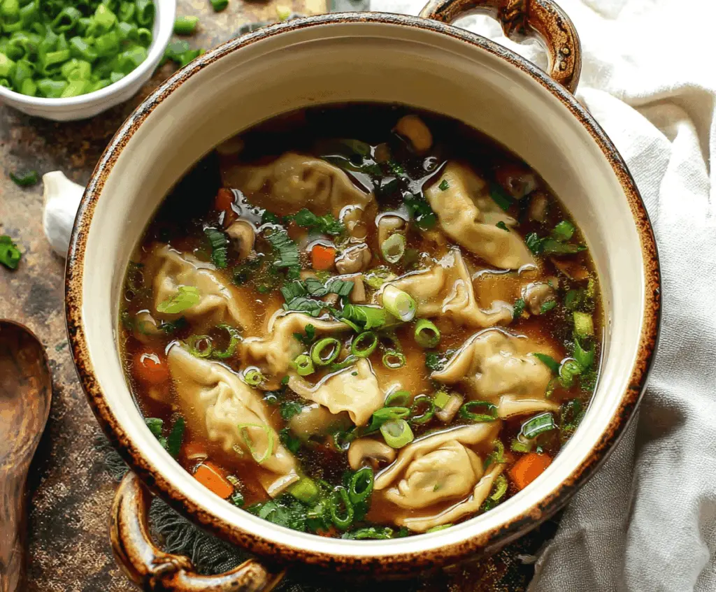 Warm Asian Dumpling Potsticker Soup with steamed dumplings, fresh vegetables, and savory broth in a bowl
