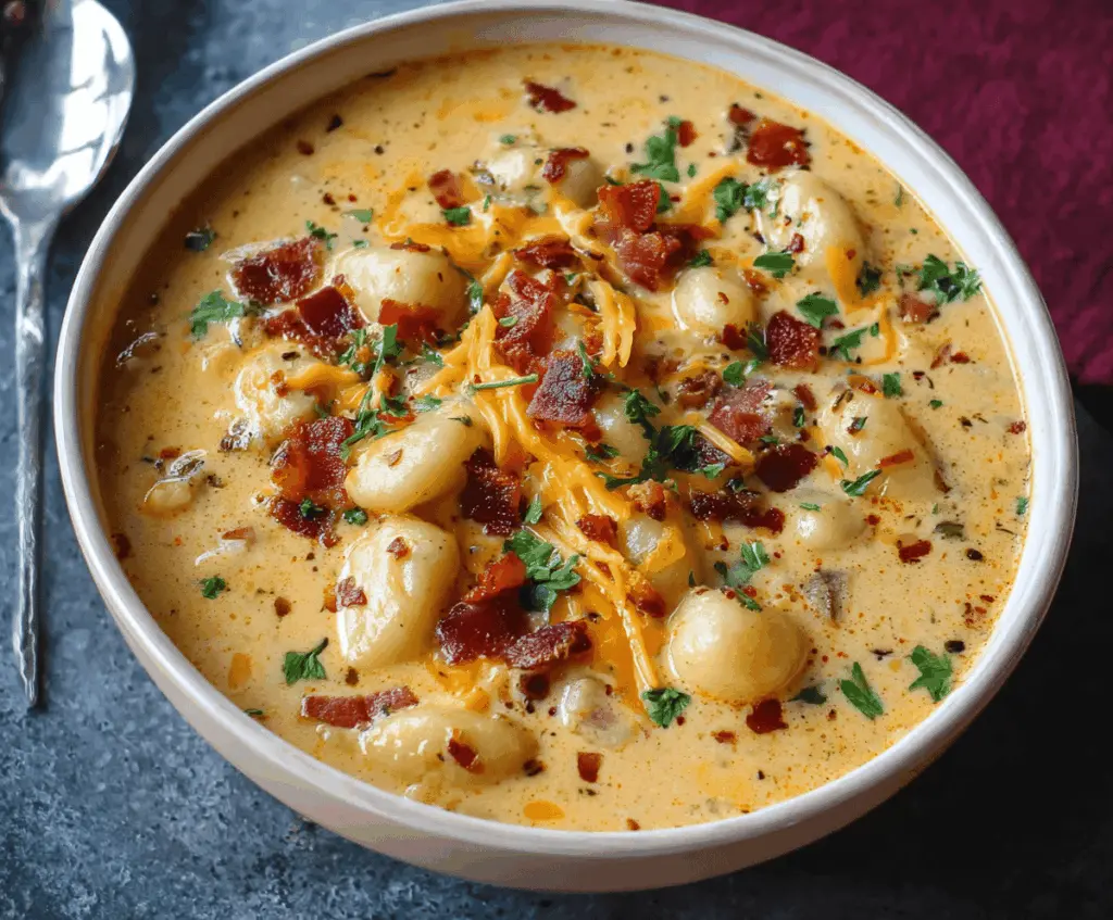 Creamy Bacon Cheddar Gnocchi Soup with crispy bacon, melted cheddar cheese, and tender gnocchi in a savory broth.