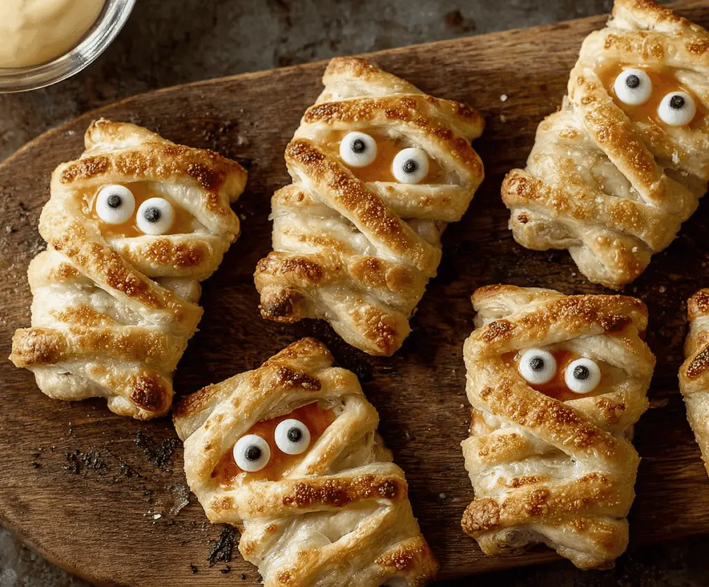 Delicious baked cheese mummies wrapped in puff pastry with spooky eyeball decorations, perfect for Halloween treats.