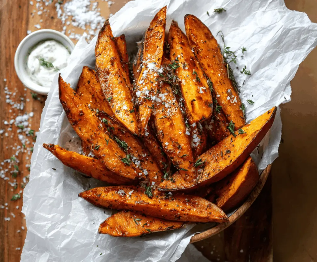 Golden baked sweet potato wedges on a white plate, seasoned with herbs and spices, served as a healthy and delicious snack or side dish.