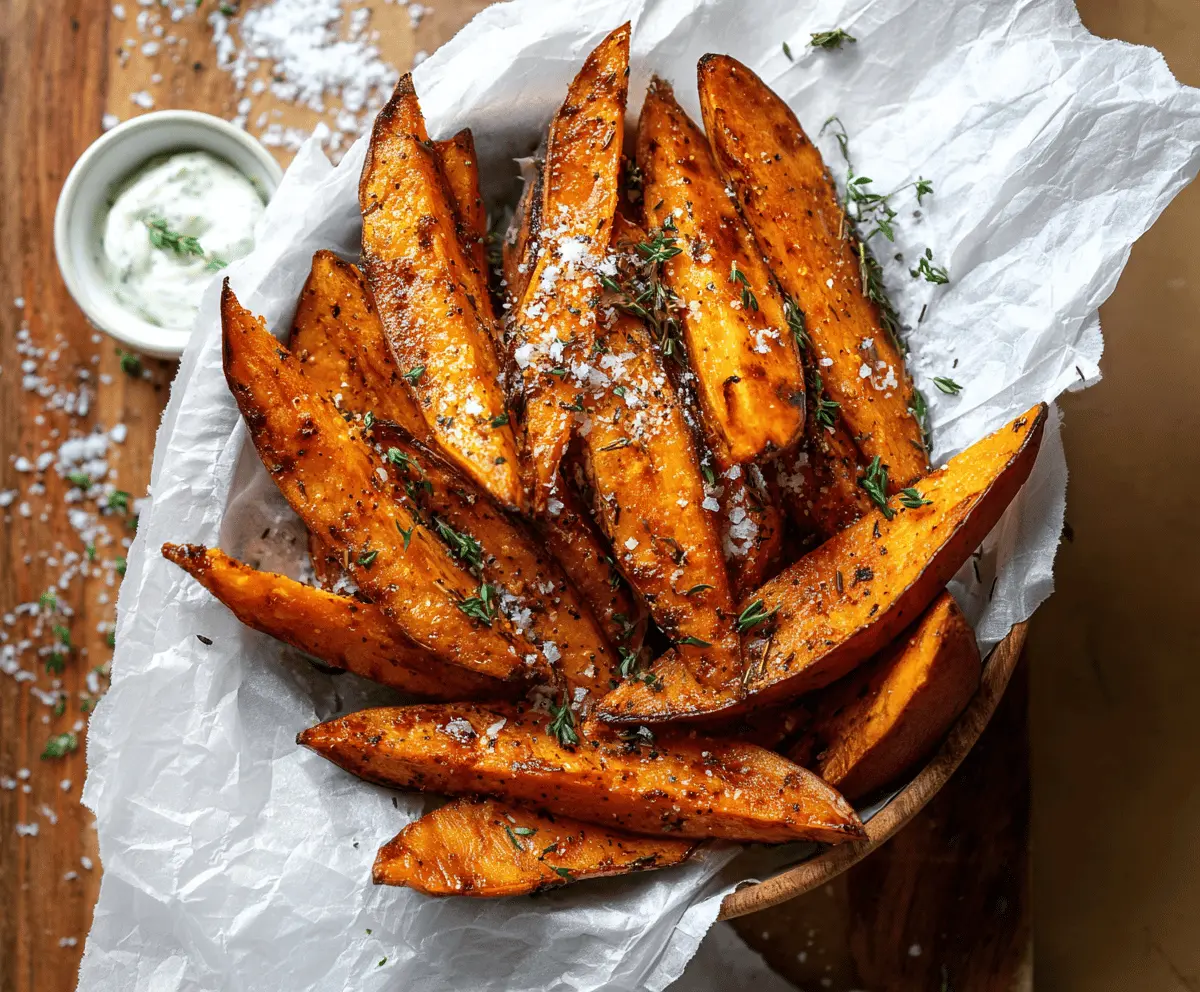 Golden baked sweet potato wedges on a white plate, seasoned with herbs and spices, served as a healthy and delicious snack or side dish.