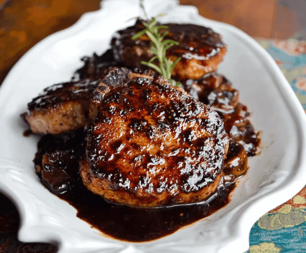 Juicy pork chops glazed with balsamic vinegar and herbs on a rustic plate.
