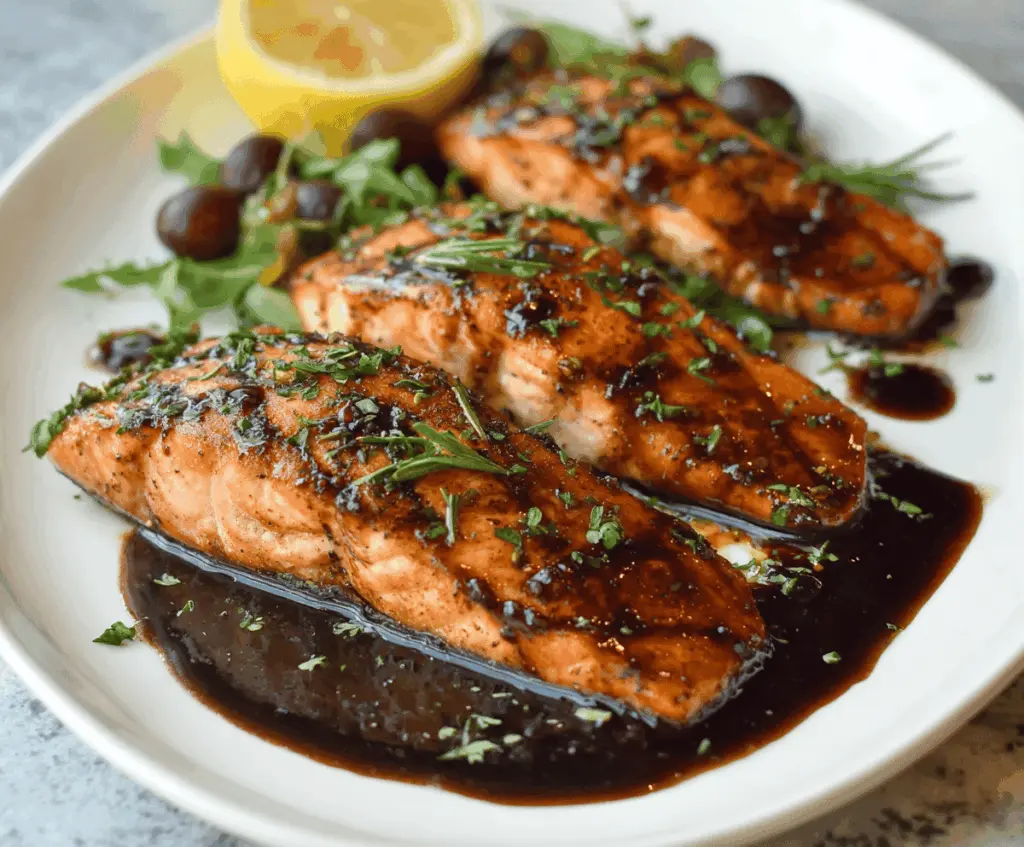 Delicious balsamic glazed salmon fillet garnished with fresh herbs on a white plate, perfect for a healthy dinner