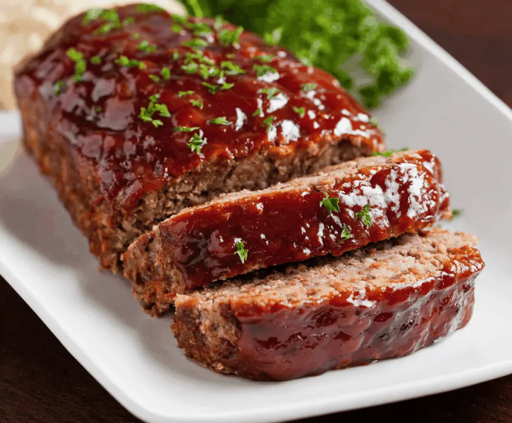 Delicious BBQ glazed meatloaf topped with smoky barbecue sauce and garnished with fresh herbs, served on a white plate
