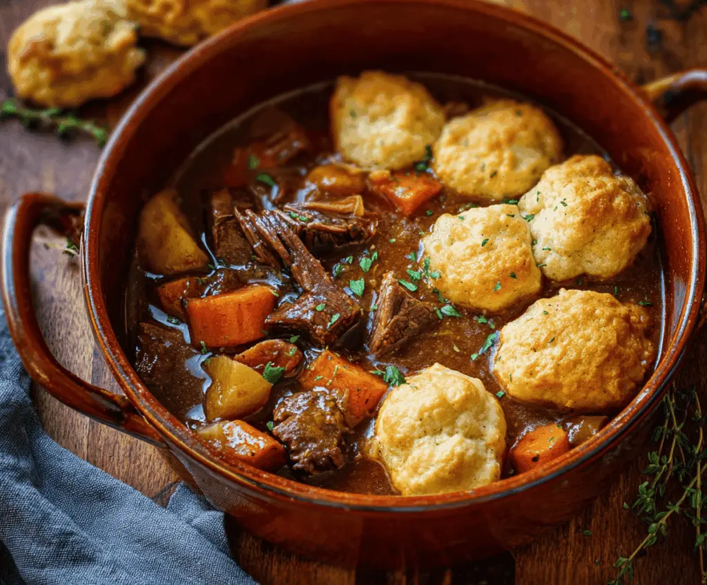 Hearty beef stew with fluffy dumplings served in a rustic bowl, showcasing tender beef chunks and savory gravy topped with golden dumplings