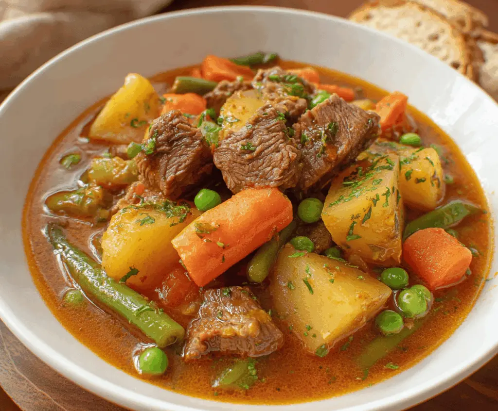 Hearty beef stew with tender beef chunks, carrots, potatoes, and vegetables in a rich broth served in a rustic bowl.