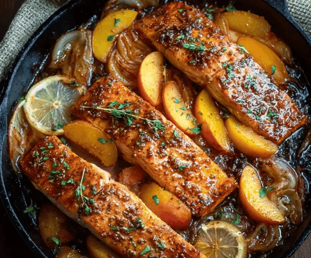 Delicious Bourbon Peach Roasted Salmon served with fresh fruit and herbs
