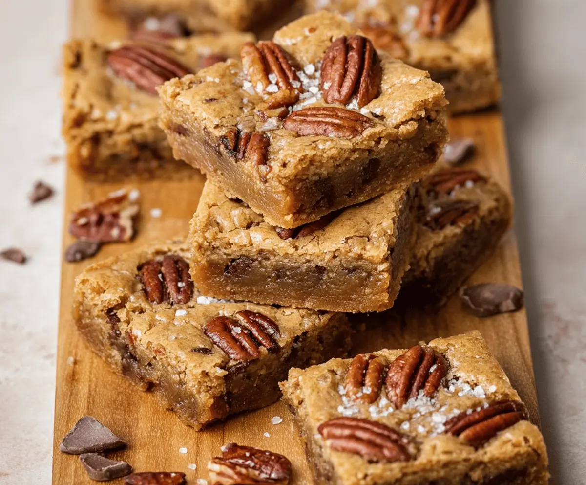 Delicious brown butter pecan blondies with a golden crust and nuts on top