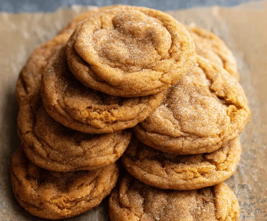 Golden-brown Brown Butter Pumpkin Snickerdoodle Cookies topped with cinnamon sugar on a baking sheet, ready to enjoy