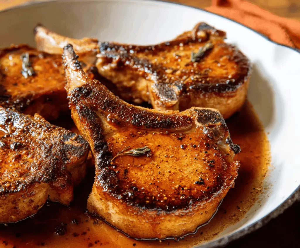 Juicy brown sugar glazed pork chops served with caramelized onions and fresh herbs on a rustic plate