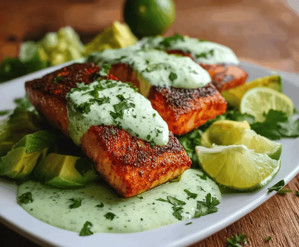Delicious Cajun salmon topped with vibrant avocado lime sauce served on a white plate, garnished with fresh herbs and lemon wedges for a flavorful seafood dish.