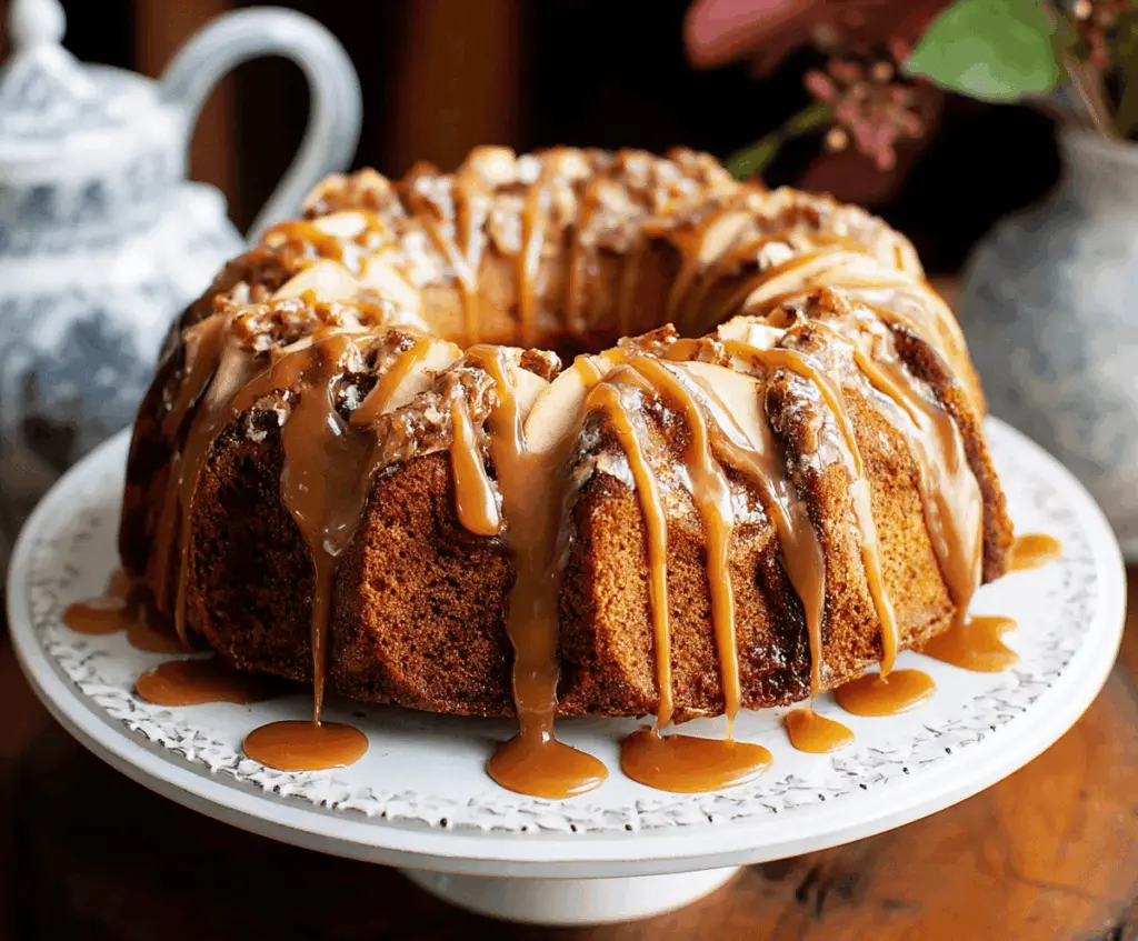 Delicious Caramel Apple Bundt Cake topped with caramel sauce and fresh apple slices.