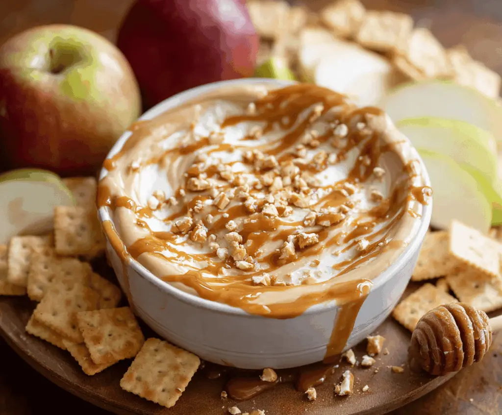 Creamy caramel apple dip served in a bowl with fresh apple slices for dipping, perfect for snacks and parties.