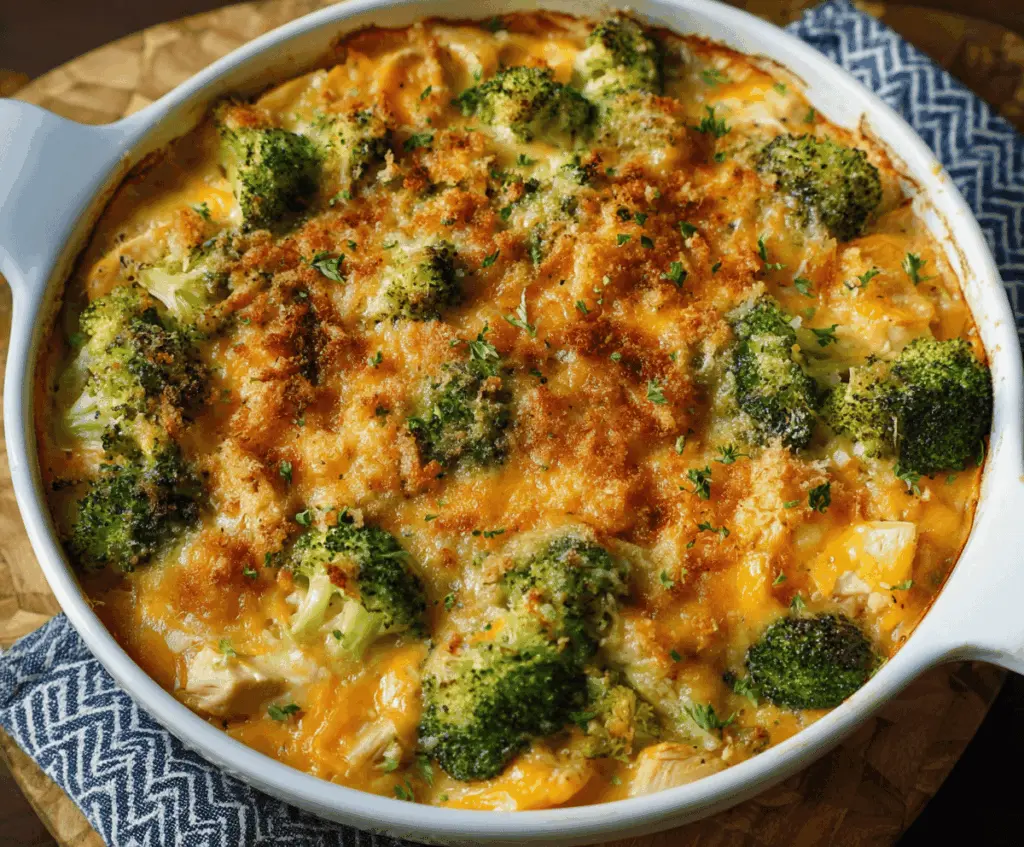 Delicious cheesy chicken sweet potato broccoli casserole topped with melted cheese and fresh herbs, ready to serve.