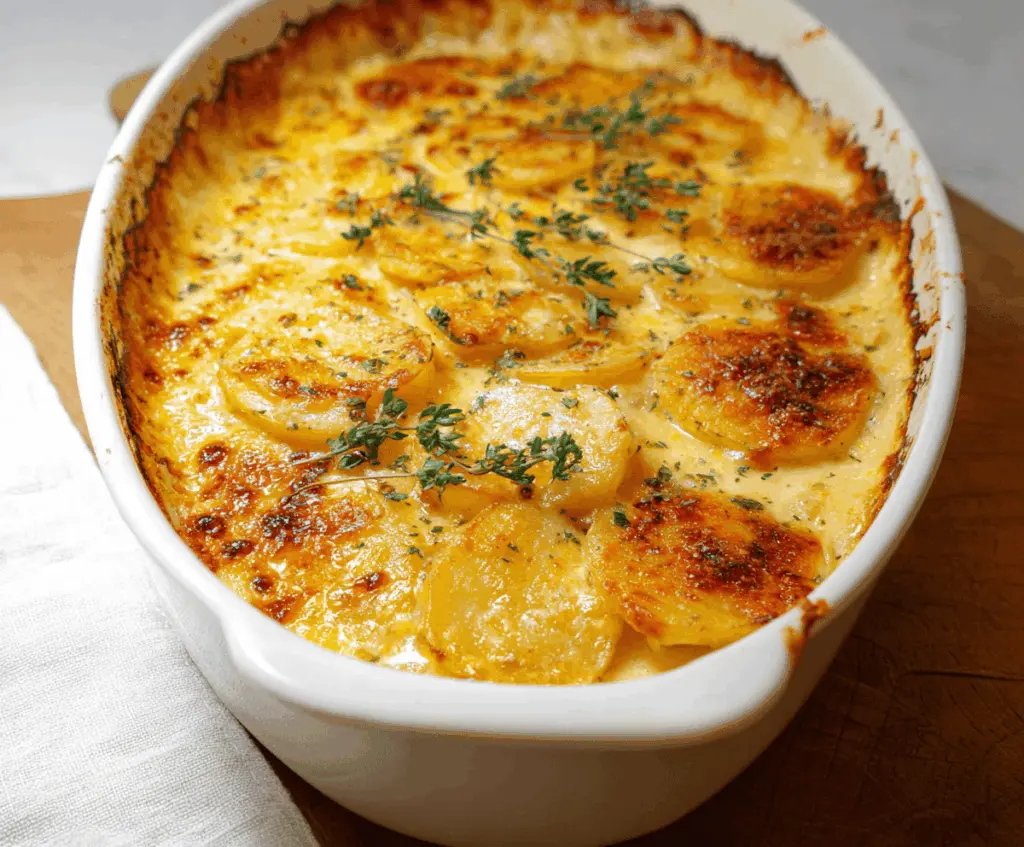 Creamy, cheesy scalloped potatoes baked to perfection with golden-brown topping and melted cheese, perfect for comfort food lovers.