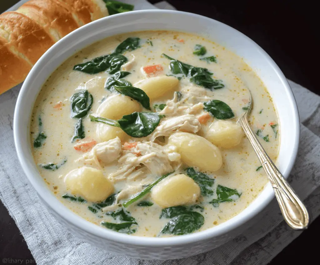 Creamy chicken gnocchi soup in a bowl with vegetables and herbs, perfect for a comforting meal