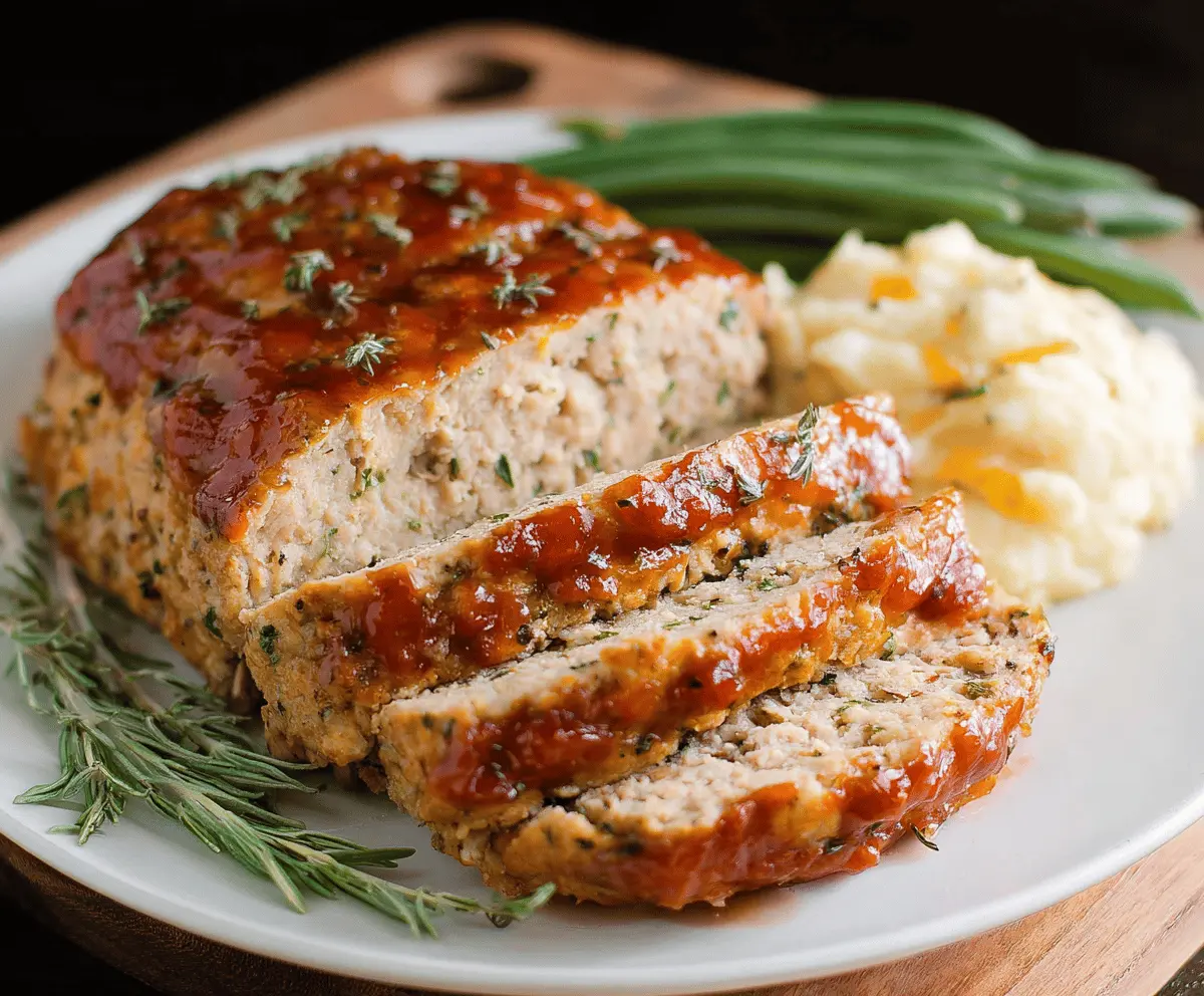 Delicious homemade chicken meatloaf served with fresh vegetables on a rustic plate