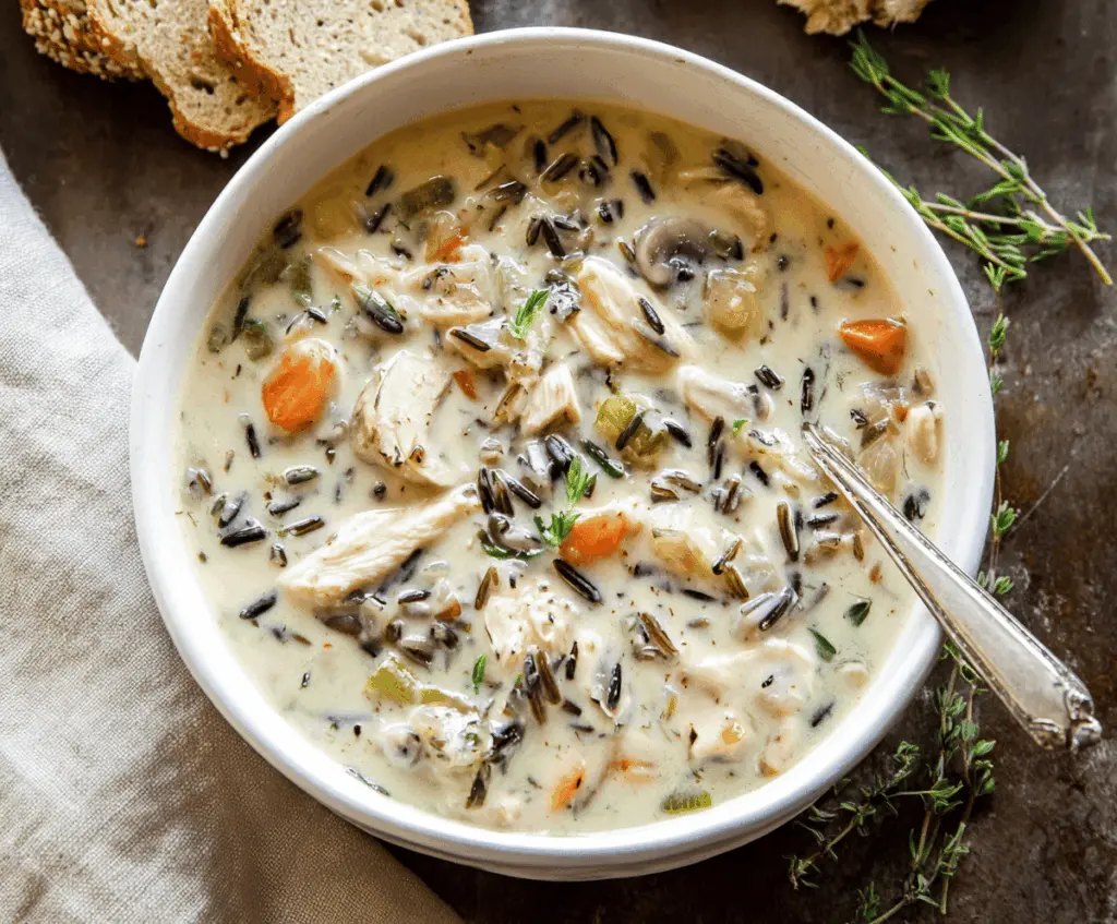 Creamy chicken wild rice soup with tender chicken, wild rice, and vegetables in a bowl, perfect for comforting meals.