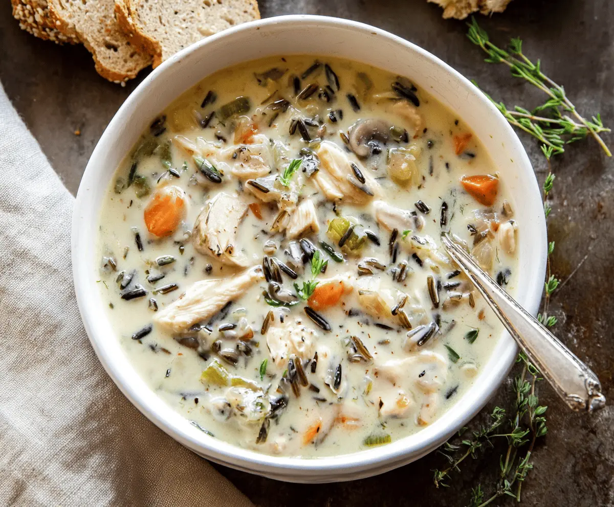 Creamy chicken wild rice soup with tender chicken, wild rice, and vegetables in a bowl, perfect for comforting meals.