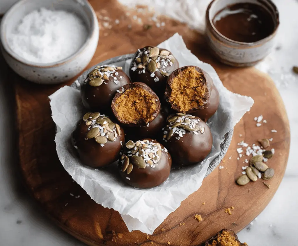 Delicious chocolate-covered pumpkin protein balls on a white plate, healthy pumpkin snack with rich chocolate coating and festive fall flavor