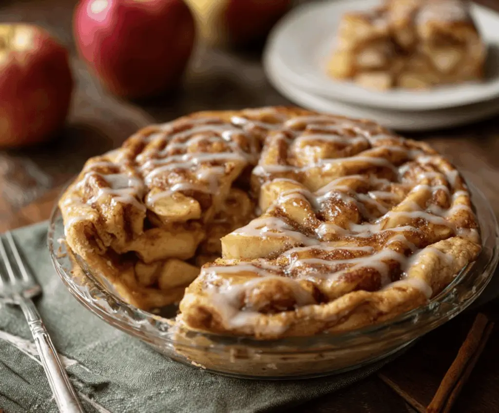 Delicious Cinnamon Roll Apple Pie with swirled cinnamon rolls and fresh apple filling