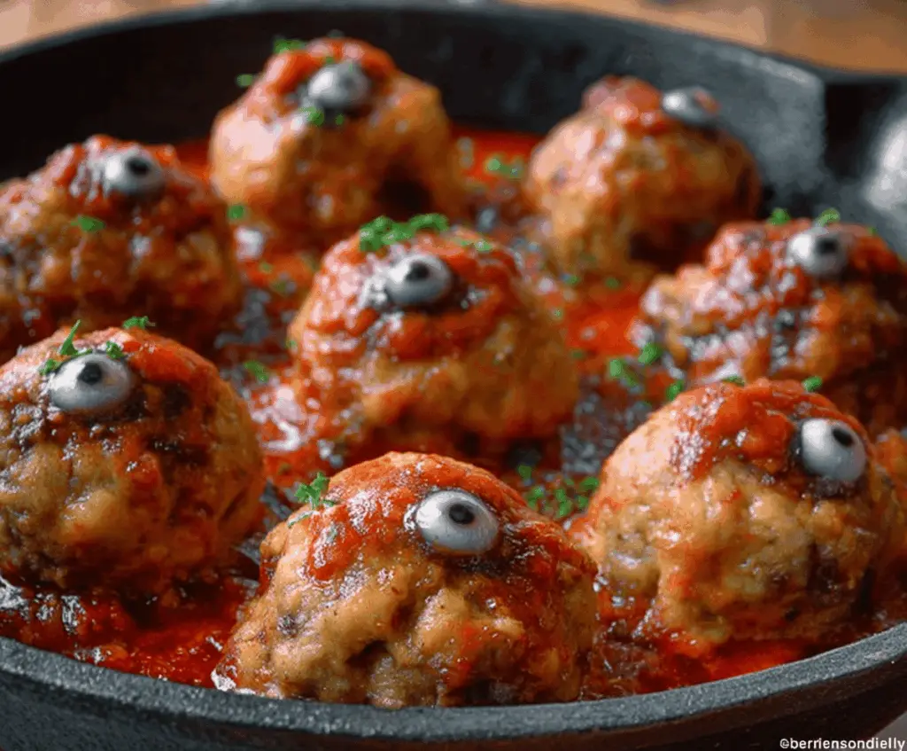 Colorful eyeball meatballs served on a platter for a spooky feast, featuring green and white meatball "eyeballs" with spooky garnish for Halloween.