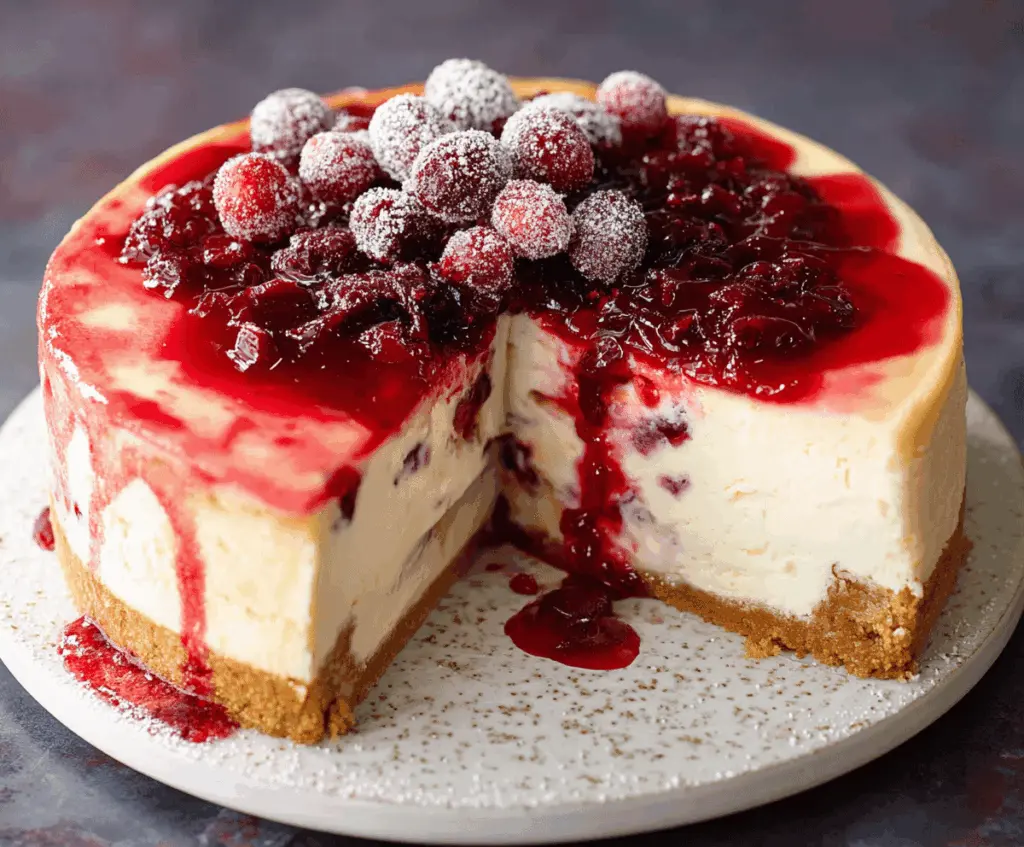 Creamy cranberry cheesecake topped with fresh cranberries and a graham cracker crust, perfect for holiday desserts.
