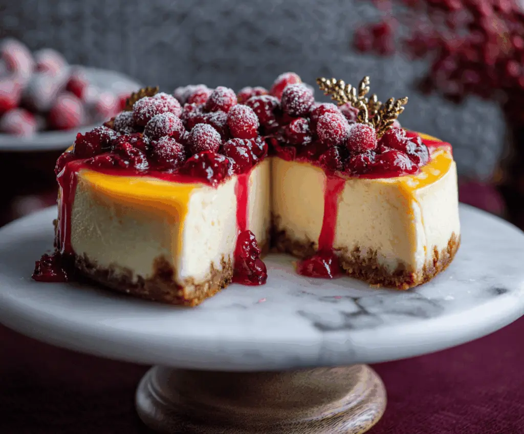 Delicious cranberry orange cheesecake topped with fresh cranberries and orange zest on a decorative plate