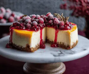 Delicious cranberry orange cheesecake topped with fresh cranberries and orange zest on a decorative plate
