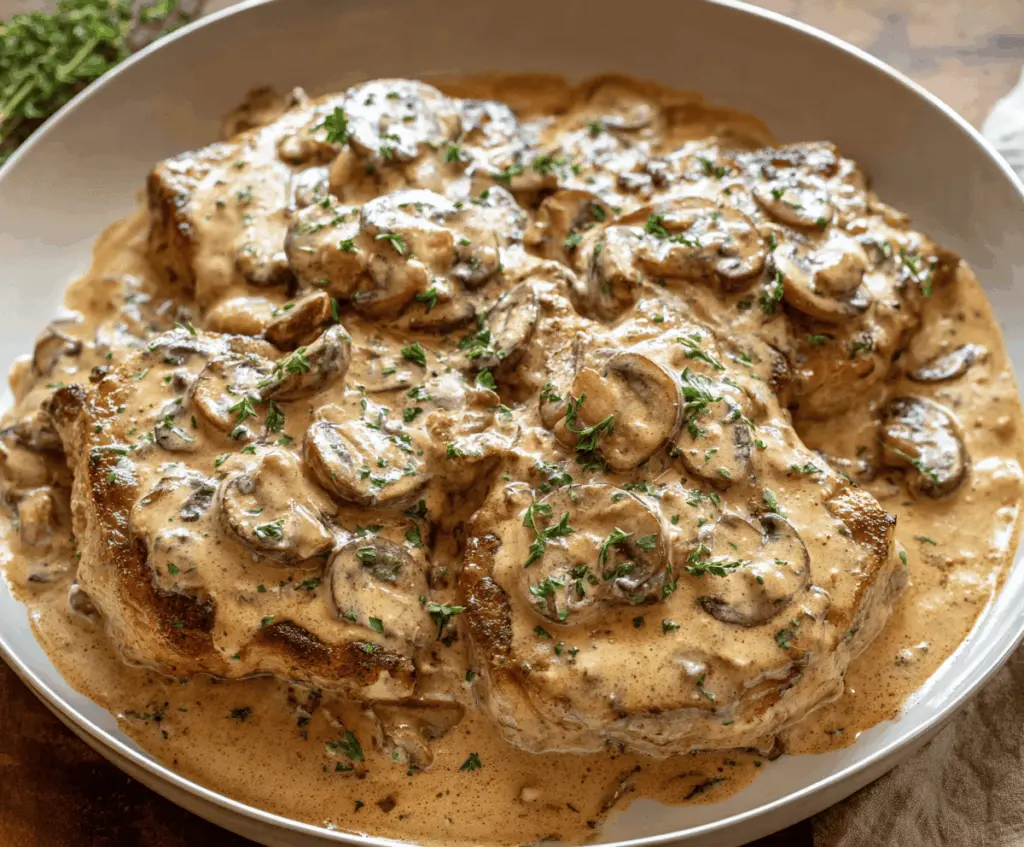 Cream of Mushroom Pork Chops served with mashed potatoes and steamed vegetables on a white plate